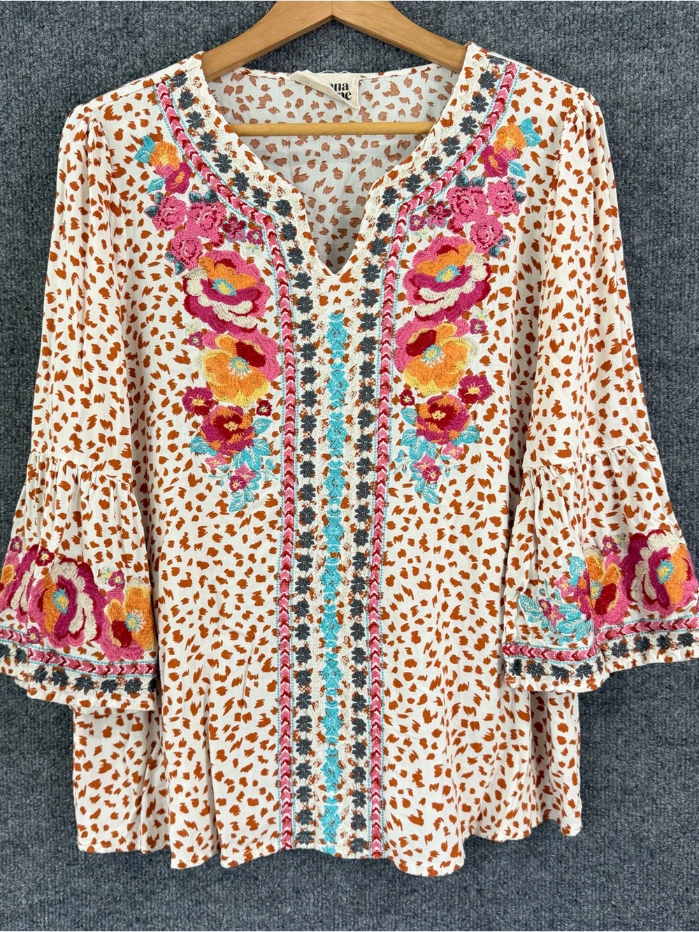 Savanna Jane Womens Embroidered Boho Top Size Large V Neck Multicolor Casual